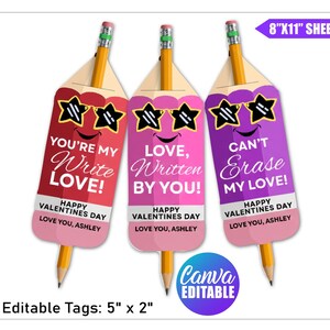 Op de afbeelding: Drie Valentijnsdag-potloodvormige labels met tekst. De labels zijn rood, roze en paars, elk met een andere boodschap: "You're my Write Love!", "Love, Written by You!", en "Can't Erase My Love!" Elk label heeft een lachend gezicht met een zonnebril.