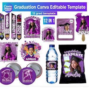 12X Graduation Party Favor Canva Editable Template, Custom Water Labels, Chip Bag, Grad Stole, Tshirt, Grad Fans, Graduate Pin Button