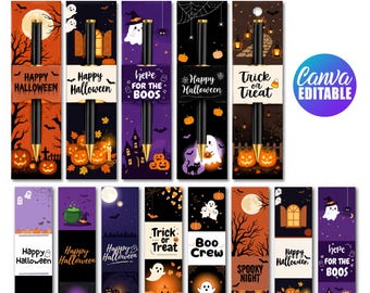 May include: A collection of rectangular Halloween-themed pen sleeve holders featuring various designs with ghosts, pumpkins, bats, and text including Happy Halloween, Trick or Treat, Boo Crew, and here FOR THE BOOS. The cards are Canva editable.