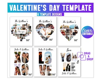 6 Love Photo Collage Editable Template, Valentine's Day, Anniversary Gift for Couple, Photo Love canva, Drag Your Own Image, Couple Gift