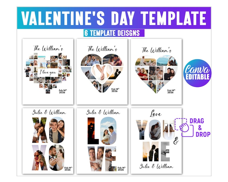 6 Love Photo Collage Editable Template, Valentine's Day, Anniversary ...