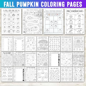 May include: A collection of black and white printable activity sheets titled Fall Pumpkin Coloring Pages. The set includes various educational games such as mazes, dot-to-dot puzzles, sudoku, scavenger hunts, and counting exercises featuring autumn themes.