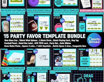 Party Favor Template Bundle, blank playing card, Myo Yoto Card, dog tag, bottle opner, t shirt keychain', Satin Ribbon, gable box label