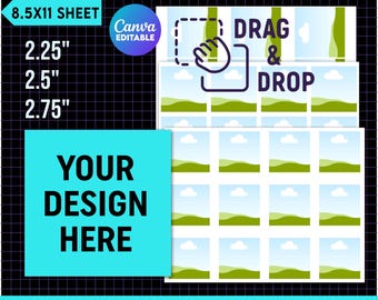 Può includere: Un modello digitale per creare adesivi quadrati in tre dimensioni: 2,25 pollici, 2,5 pollici e 2,75 pollici. Il modello presenta una collina verde, un cielo blu e nuvole bianche. Il testo "DRAG & DROP" è visualizzato sul modello.