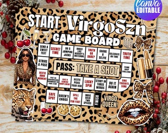 May include: A rectangular Virgo Szn game board with a leopard print background. The board features a path of squares with text instructions, a central 'PASS: TAKE A SHOT' box, and illustrations of cherries, a woman, a leopard, lipstick, and bows.