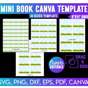 Peut inclure: Modèle numérique pour un mini-livre, avec quatre tailles différentes sur une feuille de 21 cm x 28 cm. Le design comprend un logo Canva modifiable et une fonctionnalité de glisser-déposer. Formats : SVG, PNG, DXF, EPS, PDF, et Canva.