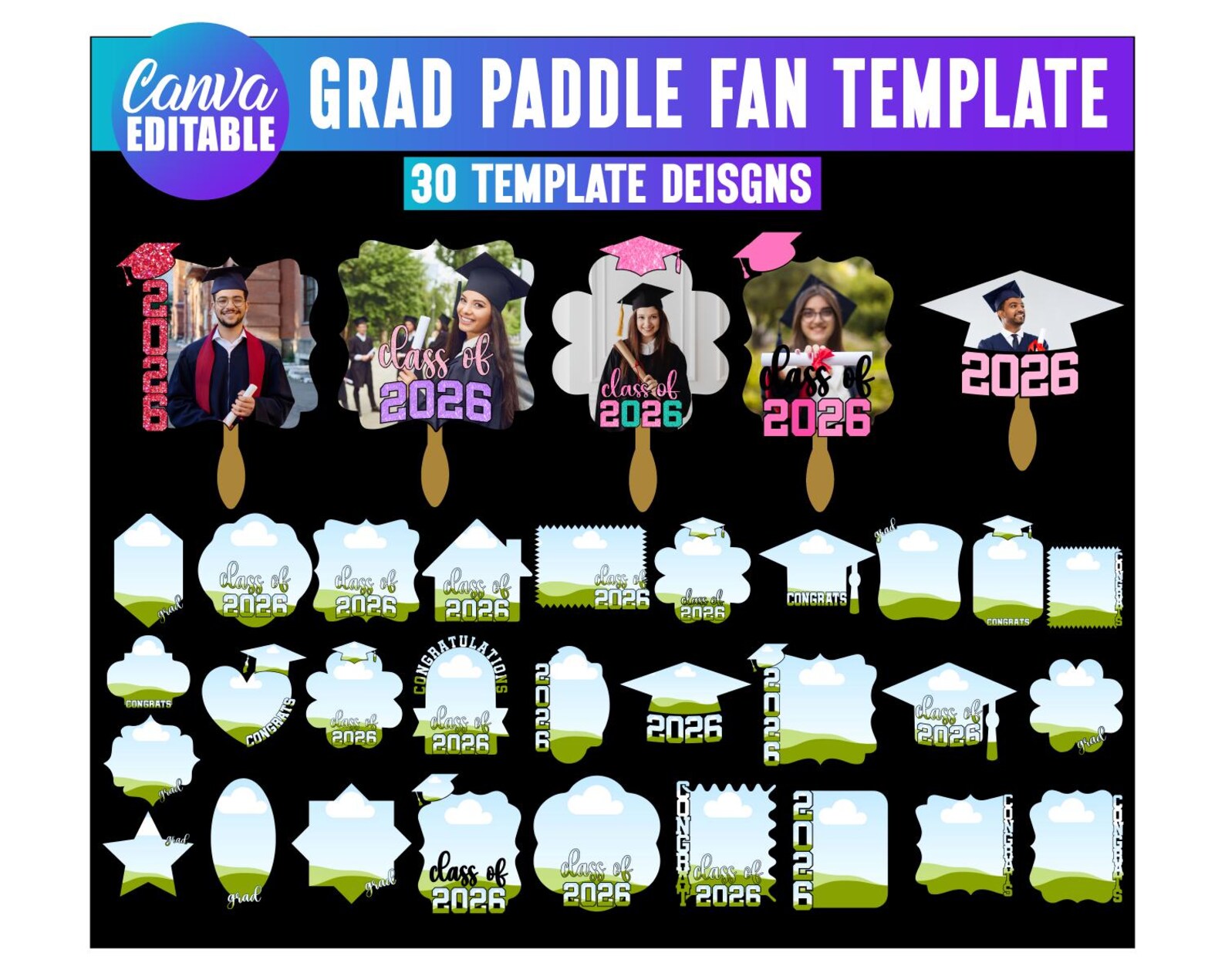 2026 Graduation Fan Template, 30 Custom Grad Fan, Grad Paddle Fan ...