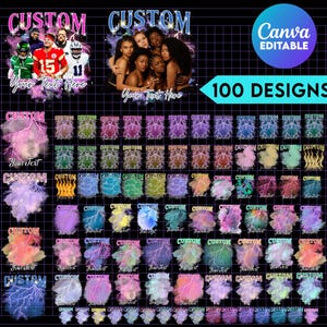 May include: 100 customizable designs featuring a watercolor lightning bolt with a variety of color combinations. The designs include the text "Your Text" and "Custom".