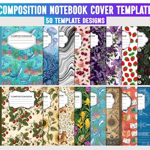 May include: A digital collection of 50 composition notebook cover templates featuring diverse patterns including dolphins, jellyfish, cherries, strawberries, floral designs, maps, and educational icons, each with a central white label area.
