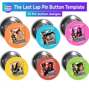 May include: A collection of pin button designs with a graduation theme. Each button features a photo of a graduate, the name "Jasmine Johnson", and the year "2025". The buttons are in various colors, including orange, blue, pink, yellow, red, and green.