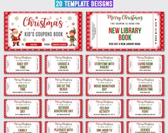 May include: A set of 20 printable Christmas coupon templates for kids, featuring red and green festive borders with snowflake patterns. The designs include a cover page with Santa and an elf, plus various activity vouchers like movie marathon, no chores, and library book.