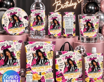 May include: A collection of party favors featuring a custom graphic of a person with the text Don't Be Clueless, Homecoming Queen 2026-2027, and Chastelle Edwards. Items include a water bottle, a soda can, a glass, snack bags, and a gift bag.