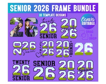 May include: A purple graphic with the text "SENIOR 2026 FRAME BUNDLE" and "10 TEMPLATE DEISGNS". The image includes multiple designs with the numbers "2026" and the word "SENIOR". There are also two photos of graduates.