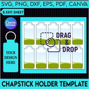 Può includere: Un modello stampabile per porta-burro cacao. Il modello presenta un design con un cielo blu, nuvole bianche ed erba verde. Il testo "DRAG & DROP" è incluso nel modello. Il modello è progettato per essere utilizzato con Canva.