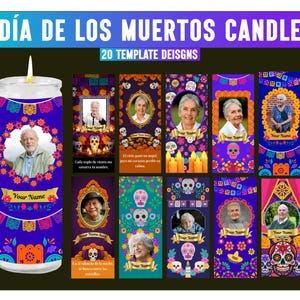 Dia De Los Muertos Kerzenetiketten | Hohe Zylinderkerzen-Wraps | Bearbeitbare Canva-Memorial-Aufkleber | Altar Dekor Beerdigung Digital