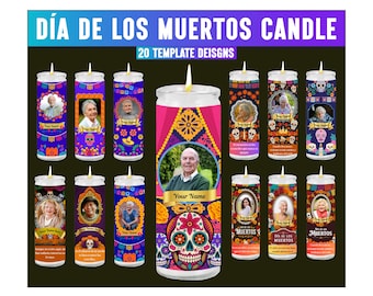 May include: A collection of Día de los Muertos candles with various designs. Each candle features a photo, decorative elements, and the text "DÍA DE LOS MUERTOS CANDLE" and "Your Name". The candles are in various colors, including purple, pink, and orange.