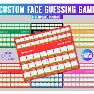 May include: A custom face guessing game template with six design options. The game boards are in various colors, including red, green, and pink, with spaces for photos and names. The text "Guess Who?" is prominently displayed.