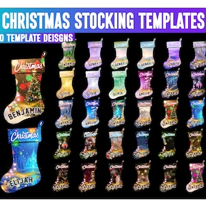 Könnte beinhalten: Eine Sammlung von Weihnachtsstiefel-Vorlagen mit verschiedenen Designs und personalisierten Namen. Das Bild zeigt 30 verschiedene Strumpfdesigns mit Namen wie Benjamin, Olivia und Elijah, sowie den Text "CHRISTMAS STOCKING TEMPLATES".