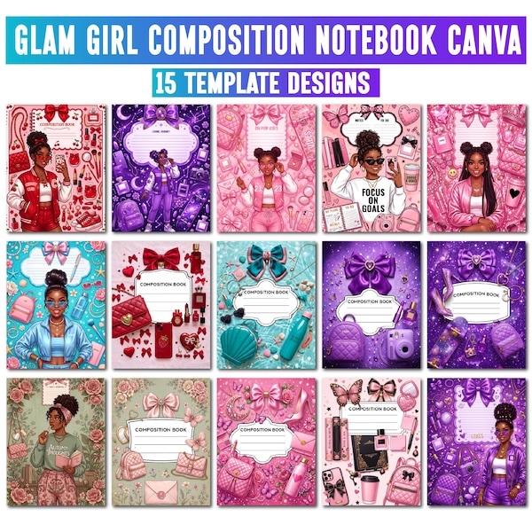 Glam Girl Composition Notebook Cover Bundle, Boys Composition Book, Editable Composition Book Template, Printable Canva Composition