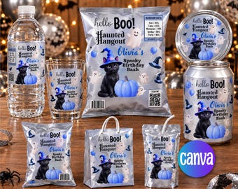 May include: A collection of party favors featuring a black cat wearing a purple witch hat and a blue pumpkin. Items include a water bottle, a clear cup, a snack bag, a round container, a soda can, a small bag, and a juice pouch, all labeled hello Boo! Haunted Hangout Olivia's Spooky Birthday Bash.