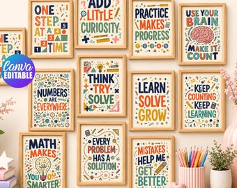 May include: A collection of eleven rectangular wall posters featuring educational math-themed text and colorful illustrations of school supplies like pencils, rulers, and calculators, all framed in light wood and arranged on a wall.