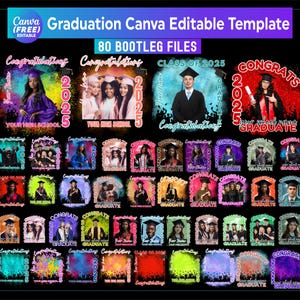 Puede incluir: Un collage digital de 80 plantillas de Canva con temática de graduación. Las plantillas presentan fondos coloridos con confeti y texto que dice "Felicidades" y "Clase de 2025".