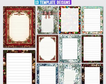 May include: A collection of 13 Christmas stationery letter paper templates featuring various holiday-themed borders. Designs include poinsettias, pine branches, ornaments, and winter foliage surrounding lined writing areas. Text reads CHRISTMAS STATIONERY LETTER PAPER and 13 TEMPLATE DEISGNS.