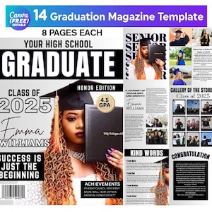 Graduation Magazine Design Template Bundle, Senior Class of 2025 Magazine, Graduation Magazine Cover, Editable Canva Grad Design for DIY