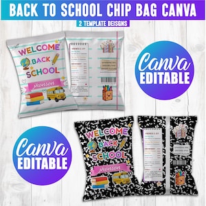 May include: Two sets of digital chip bag templates for back to school, featuring a white lined design and a black composition notebook pattern. Each includes a globe, pencil, school bus, books, and nutrition facts labeled Kindness & Joy.