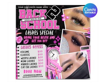Back to School Lash Sale Flyer, Back To School Hair Flyer, August Bookings Flyer,, Lash deals, Lash extensions sale, Eyelash extensions