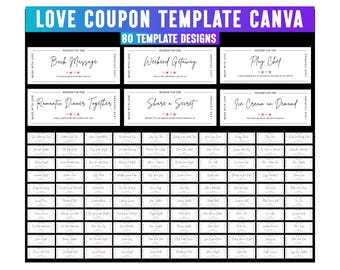 Könnte beinhalten: Eine digitale Vorlage für Liebesgutscheine mit 80 Designs. Der obere Teil des Bildes zeigt den Text "LOVE COUPON TEMPLATE CANVA" in einem Farbverlauf von Blau und Lila. Beispiele sind "Back Massage" und "Weekend Getaway."