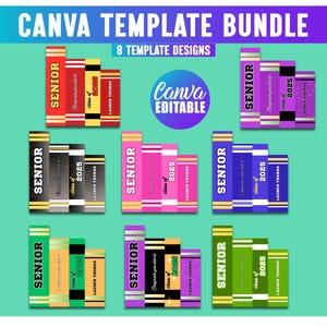 May include: A Canva template bundle graphic with the text "CANVA TEMPLATE BUNDLE" and "8 TEMPLATE DESIGNS". The image features multiple stacks of books with the words "SENIOR", "Class of 2025", and a name. The Canva logo is also present.