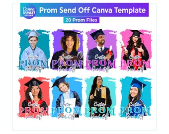 Può includere: Un set di 20 modelli Canva personalizzabili per un addio al ballo di fine anno. Ogni modello presenta uno sfondo colorato con uno spazio per una foto e il testo "Custom Prom Send Off".