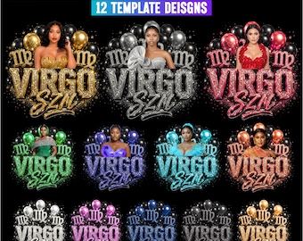 May include: A digital graphic display featuring 12 Virgo SZN T-shirt Canva template designs. Each design includes the text VIRGO SZN, balloon clusters, and glitter accents in various colors including gold, silver, red, green, purple, blue, and orange.