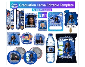 May include: A collection of graduation-themed templates in blue and white, including banners, badges, and water bottle labels. The designs feature photos of graduates, the year 2025, and the text "Congratulations Graduate". The Canva template is editable.