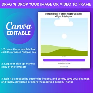 May include: A Canva template design interface with a landscape graphic. The text reads "Canva EDITABLE" and instructions on how to use the template. The background is a gradient of purple and blue.