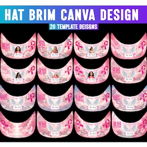 Puede incluir: Un diseño digital que presenta 20 plantillas de ala de sombrero con un tema rosa y blanco. Cada plantilla incluye una cinta rosa, alas de ángel y texto. El banner superior dice "HAT BRIM CANVA DESIGN" y "20 TEMPLATE DESIGNS".