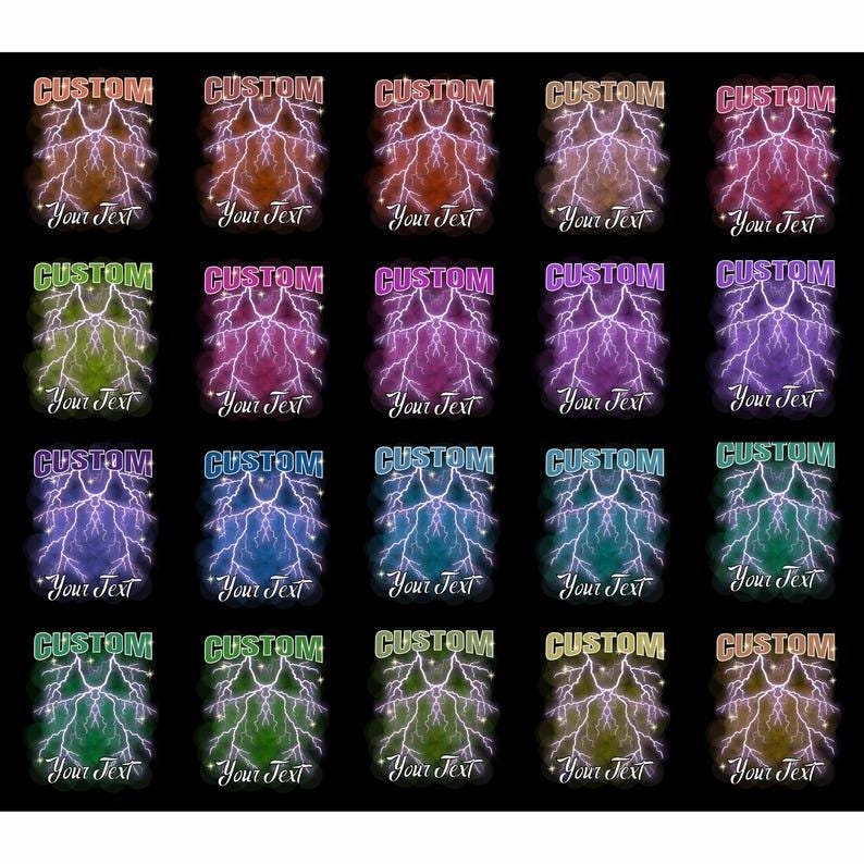 May include: A collection of custom designs featuring a lightning bolt graphic. Each design has the word "CUSTOM" at the top and "Your Text" at the bottom. The designs are in various colors, including red, purple, green, and blue, on a black background.