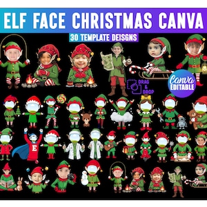 Puede incluir: Una plantilla de diseño digital con 30 diseños de caras de elfos navideños. Los diseños incluyen elfos con trajes verdes y rojos, con varias poses y accesorios. El texto "ELF FACE CHRISTMAS CANVA" se muestra en la parte superior, con "30 TEMPLATE DESIGNS" debajo.