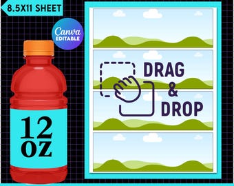 12 Unzen Sport Trinkflasche Etiketten Vorlage, bearbeitbare Wasserflasche, druckbare Flaschenverpackung, Canva Rahmen, Wasserflaschenetikett, Sportflasche