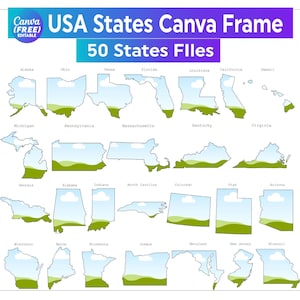 50 USA States Canva Frame Bundle, Canva Frames of American States, Canva US States, Individual State Design, Editable Canva Template
