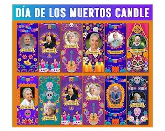 May include: A selection of Día de los Muertos candles, each with a portrait, floral and skull motifs. The candles display a photo, the text "Your Name", and vibrant decorations. The top banner reads "Día de los Muertos Candle".