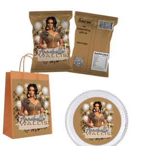 May include: Brown party favor bags, a plate, and a chip bag featuring a woman's image, balloons, and gold confetti. The text "Annabelle WALLIS" is displayed on each item. The chip bag has a "Thank you" message and a nutrition facts label.
