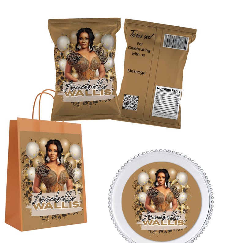 May include: Brown party favor bags, a plate, and a chip bag featuring a woman's image, balloons, and gold confetti. The text "Annabelle WALLIS" is displayed on each item. The chip bag has a "Thank you" message and a nutrition facts label.