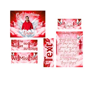 May include: A collection of memorial designs in red and white, featuring text like "Rest in Piece", "In Loving Memory", and "We Miss You". Includes images of gates, doves, and a person in a red hoodie. Also includes dates and the word "Text".