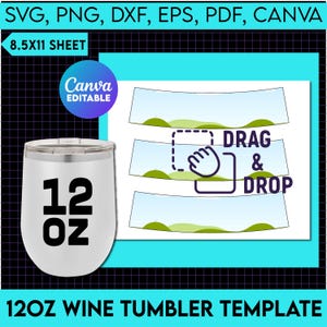 Puede incluir: Una plantilla digital para un vaso de vino de 350 ml con un diseño de cielo azul y colinas verdes. La plantilla es editable en Canva e incluye instrucciones para arrastrar y soltar elementos. La plantilla está disponible en los formatos SVG, PNG, DXF, EPS, PDF y Canva.