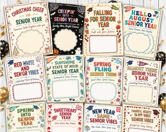 May include: A collection of twelve rectangular paper cards featuring various seasonal themes and the text Senior Year. Each card includes a blank space for writing, decorated with colorful illustrations like pumpkins, flowers, graduation caps, and holiday motifs.