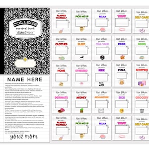 May include: A black and white composition notebook titled College Survival Book with a student name field, accompanied by a page of text and a grid of twenty-five individual cards labeled Use When You Need A, featuring various colorful icons.