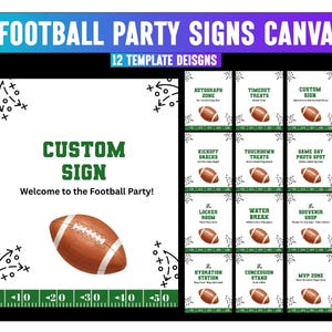 Op de afbeelding: Digitale sjabloon voor voetbalfeestborden. Het ontwerp toont een voetbalafbeelding en de tekst "FOOTBALL PARTY SIGNS CANVA" in een turquoise en paarse gradiënt. Bevat 12 sjablonen met feestgerelateerde labels.
