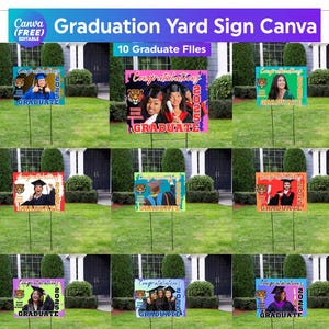 Puede incluir: Un conjunto de diez letreros de jardín para graduación con varios diseños. Cada letrero presenta una foto del graduado, el año 2025 y las palabras "Felicitaciones" o "Graduado". Los letreros están montados en estacas de metal.